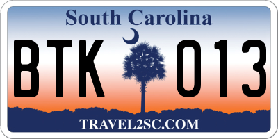 SC license plate BTK013