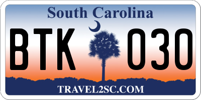 SC license plate BTK030