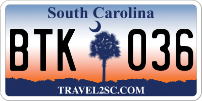 SC license plate BTK036