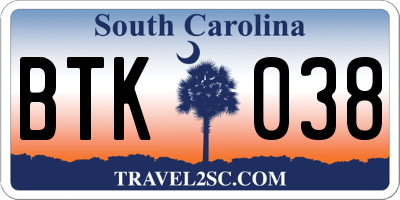 SC license plate BTK038