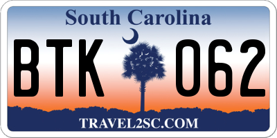 SC license plate BTK062