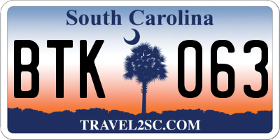 SC license plate BTK063