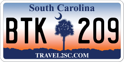 SC license plate BTK209
