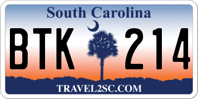 SC license plate BTK214