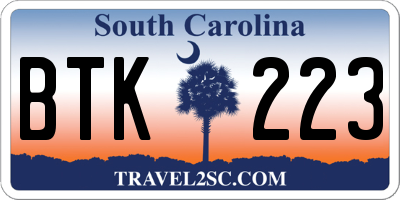 SC license plate BTK223