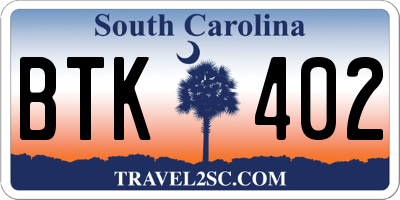 SC license plate BTK402