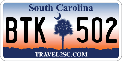 SC license plate BTK502