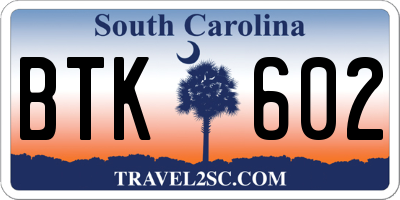 SC license plate BTK602