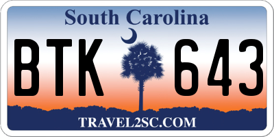 SC license plate BTK643