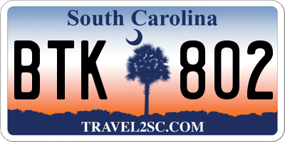 SC license plate BTK802
