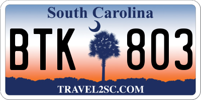 SC license plate BTK803