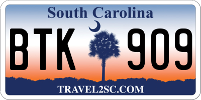 SC license plate BTK909