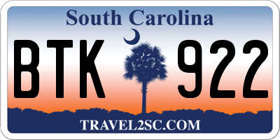 SC license plate BTK922