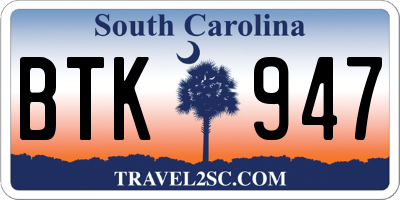 SC license plate BTK947