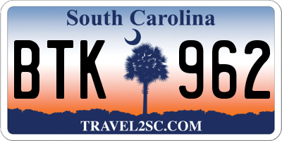 SC license plate BTK962