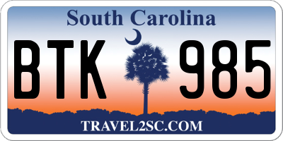 SC license plate BTK985