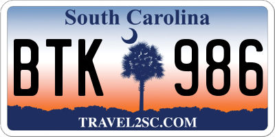SC license plate BTK986