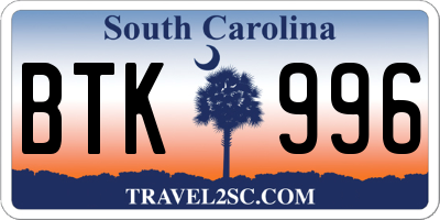 SC license plate BTK996