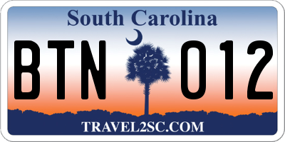 SC license plate BTN012