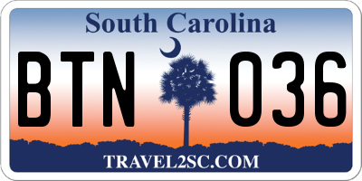 SC license plate BTN036