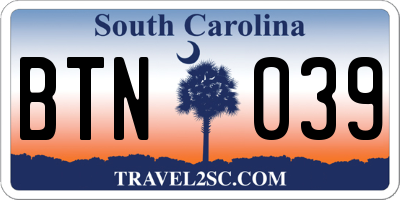 SC license plate BTN039