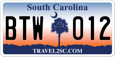 SC license plate BTW012