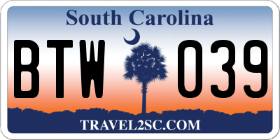 SC license plate BTW039