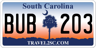 SC license plate BUB203
