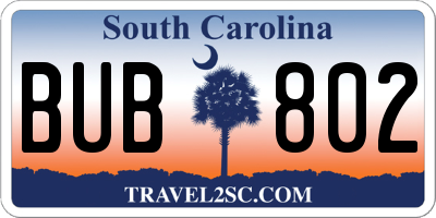 SC license plate BUB802