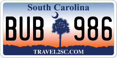 SC license plate BUB986