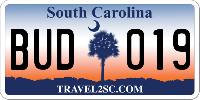 SC license plate BUD019
