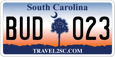 SC license plate BUD023