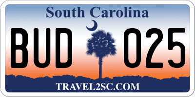SC license plate BUD025