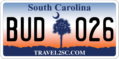 SC license plate BUD026