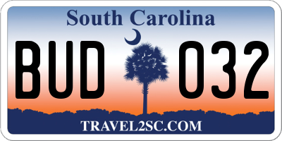 SC license plate BUD032