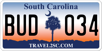 SC license plate BUD034