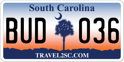 SC license plate BUD036
