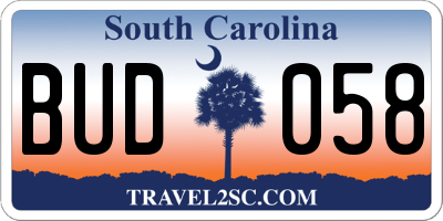 SC license plate BUD058