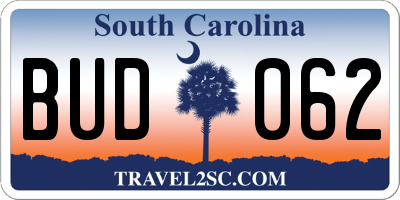 SC license plate BUD062