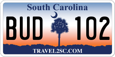 SC license plate BUD102
