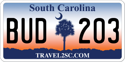 SC license plate BUD203