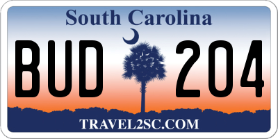SC license plate BUD204
