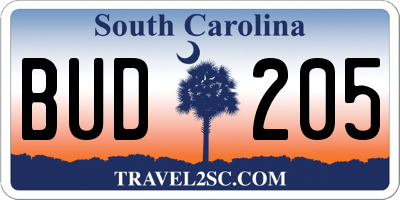 SC license plate BUD205