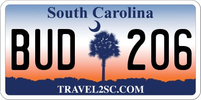 SC license plate BUD206
