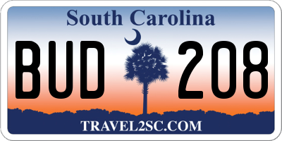 SC license plate BUD208