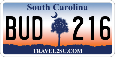 SC license plate BUD216
