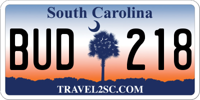 SC license plate BUD218