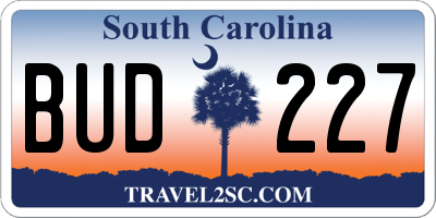 SC license plate BUD227