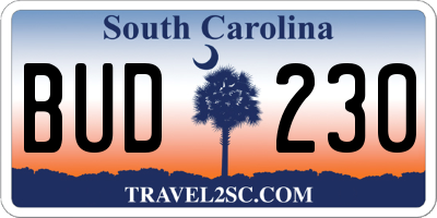 SC license plate BUD230