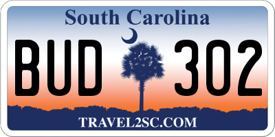 SC license plate BUD302